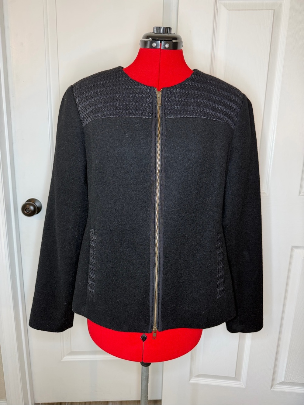 Eileen Fisher Silk Blend Lined Full Zip Black Wool Jacket Womens Med